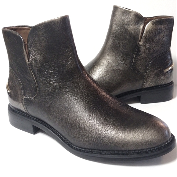 Franco Sarto Women's Happily Ankle Gold Leather Almond Toe Stacked Heel Booties - Picture 5 of 12